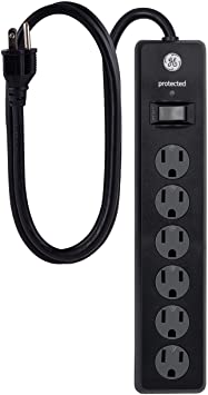 GE, Black, 6 Outlet Surge Protector, 3 Ft Extension Cord, Power Strip, 800 Joules, Twist-to-Close Safety Covers, 47224