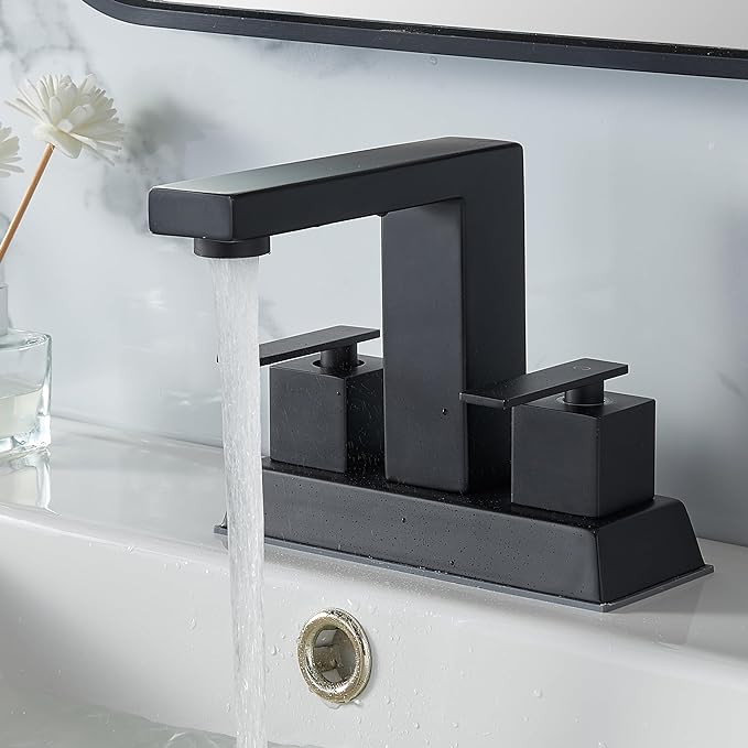 Comllen Centerset Matte Black Bathroom Faucet, 4 Inch 2 Handle Bathroom Sink Faucet Lavatory Basin RVs Bath Vanity Faucets for Sink 3 Hole with Water Hoses and Pop up Drain
