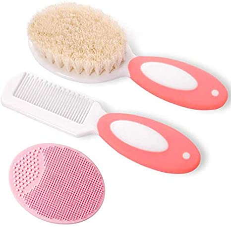 Baby Hair Brush and Comb Set for Newborns & Toddlers | Natural Soft Goat Bristles | Ideal for Cradle Cap | Perfect Baby Registry Gift (Pink)