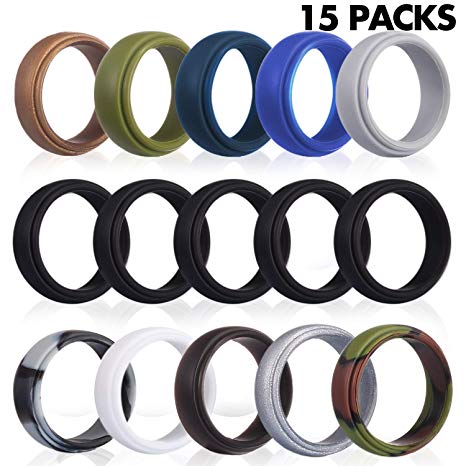Rngeo Silicone Wedding Ring for Men, 15 Pack Rubber Bands for Men, for Workout, Exercise & Gym (15 Pack, 11 Colors)