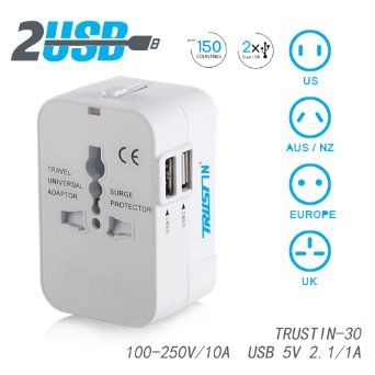 Trustin Universal Adaptor Worldwide Travel Adapter with Built In Dual USB Charger Ports All-in-one Chargers 100-240V Surge/Spike Protected Electrical Plug (White)
