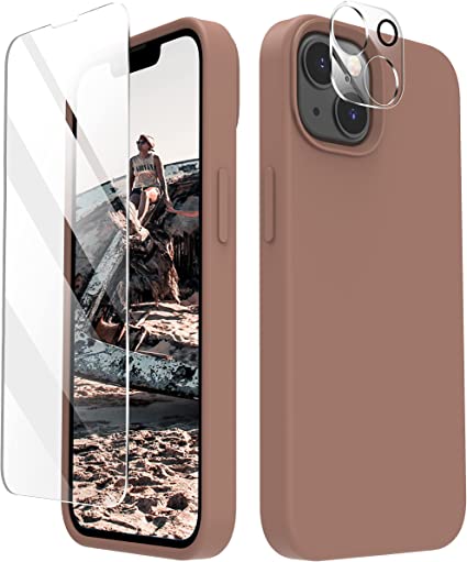 Cordking [5 in 1] Designed for iPhone 13 Case, with 2 Screen Protectors   2 Camera Lens Protectors, Shockproof Silicone Phone Case with Microfiber Lining, Light Brown