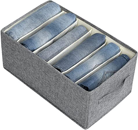 Wardrobe Clothes Organizer for Folded Clothes, Closet Organizers and Storage with Reinforced Handle Thick Fabric for Clothes, Jeans and Pants Organization, Foldable and Stackable with Built-in PP Board, 6 Grids, 1 PC, Grey
