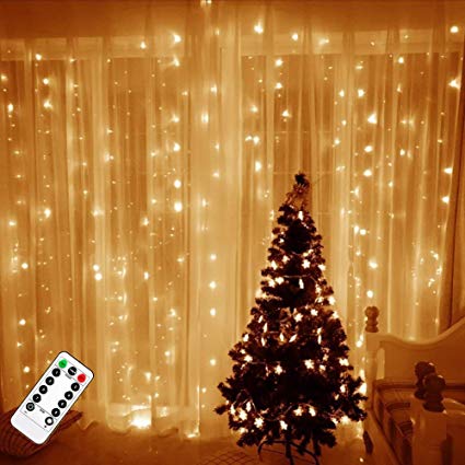 TAOPE USB Curtain Lights Waterproof 300 Led 3m*3m Outdoor and Indoor Decoration with Remote for Christmas Halloween Valentine's Day Wedding Party Home Backdrop Bedroom Lighting （Warm White）