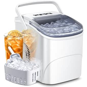 AGLUCKY Ice Makers Countertop with Handle,26.5Lbs/24H,9 Cubes in 6 Mins,2 Sizes of Bullet Ice,Portable Ice Maker Machine with Self-Cleaning,Perfect for Home Kitchen(White)