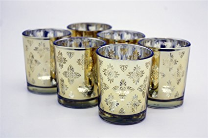 V-More Laser Cut Mercury Glass Votive Candle Holder Tealight Holder 2.55-inch Tall Set of 6 For Home Decor Wedding Party Celebration (Gold Ice Flower)