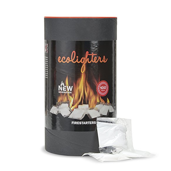 100 Original Ecolighters - Firelighters - New Box - Barrel of 100 eco sachets for open fires - stoves - BBQ, Grate for grill Cooking - Fire Pit lighting or burning Wood in Fireplaces - Firestarters