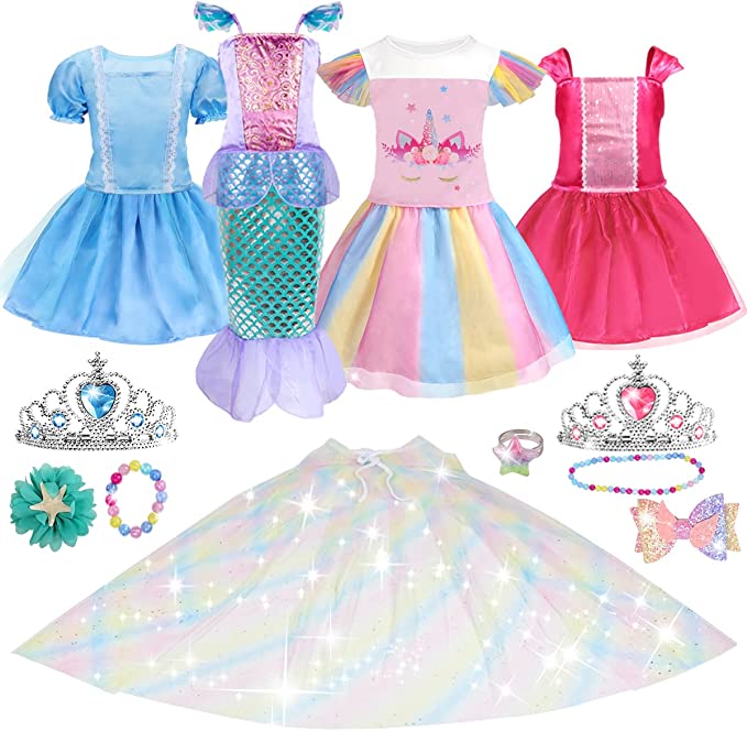 Princess Costumes for Girls - 4 Sets of Princess Fancy Dresses for Little Girls Aged 3-8 - Princess Toys Dress Up Clothes with Cloak, Crown, Jewelries Accessories for Kids Role Play