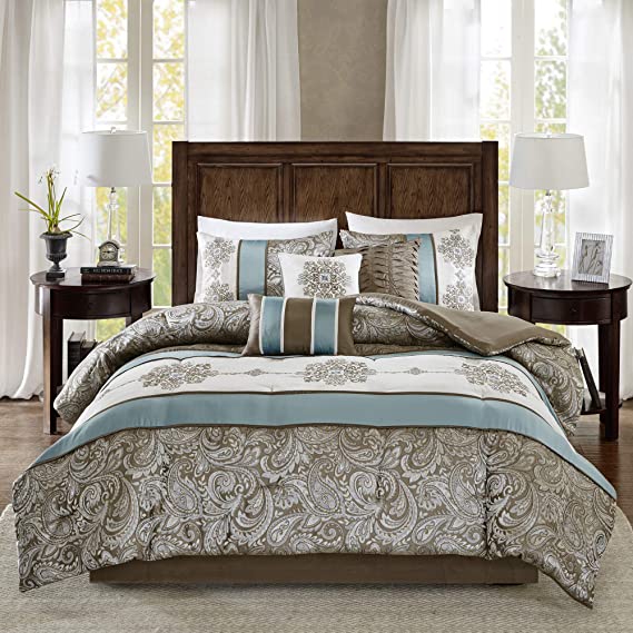 Madison Park Caroline King Size Bed Comforter Set Bed in A Bag - Blue, Taupe, Jacquard Paisley – 7 Pieces Bedding Sets – Faux Silk Bedroom Comforters