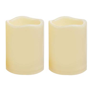 2 Waterproof Outdoor Battery Operated Flameless LED Pillar Candles with Timer Flickering Plastic Resin Electric Decorative Light for Lantern Patio Garden Home Decor Party Wedding Decoration 3x4 Inches