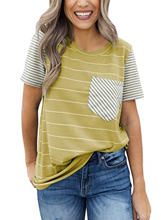 MEROKEETY Women's Summer Striped Short Sleeve Contrast Color Casual T-Shirt Tops with Pocket