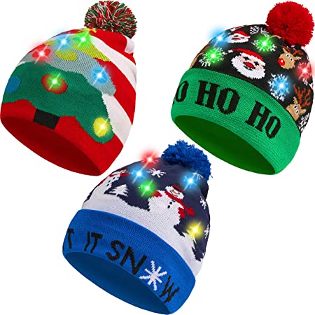 SATINIOR 3 Pieces Christmas LED Light Hats Xmas Beanie Hat LED Pom Pom Christmas Hat for Christmas Party