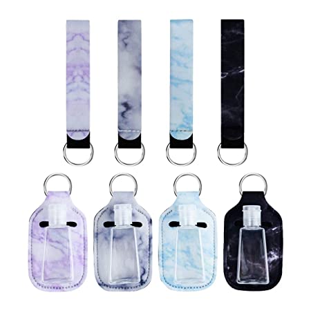 4 Pack Travel Size Bottles Hand Sanitizer Holder Keychain, 30ml Leakproof Refillable Travel Containers for Alcohol Liquid, Toiletries, Oil Essentials, Shampoo, Conditioner (Squeeze Bottle, Marble)