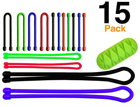 15 Pack O'Hill Reusable Cable Ties, Assorted Colors, Silicone Twist Ties for Computer, Appliance and Electronic Cord Management with Cable Clip Holder