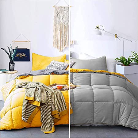 KASENTEX All Season Down Alternative Quilted Comforter Set Reversible Ultra Soft Duvet Insert Machine Washable (Yellow/Grey, California King Set)