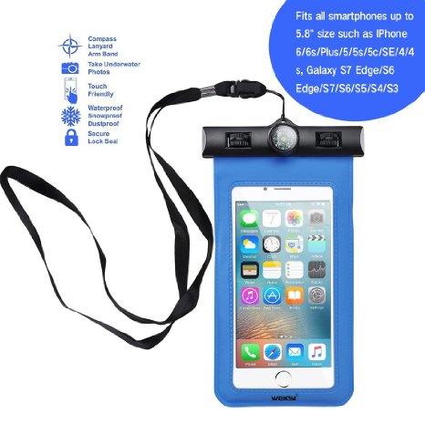 Universal Waterproof Case, WEKSI Dry Bag With Armband Lanyard Compass for IPhone 6 6S 6 Plus 6S Plus, Galaxy S7 Edge S6 Edge S7 S6 S5 S4 S3, Galaxy Note 5 4 3 Blue