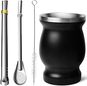Artcome 4pc Stainless Steel Yerba Mate Cup Set - 1 8.5oz Stainless Steel Double-Wall Mate Cup(Black), 2 Bombillas (Yerba Mate Straw), 1 Brush, Easy to Clean, Solid and Durable