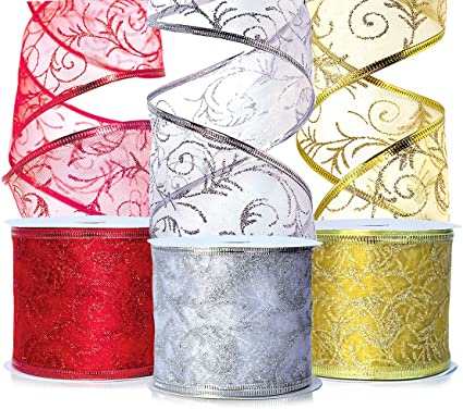 Holiday Ribbon Christmas Ribbons Xmas Wired Sheer 2.5 Organza Wire Edged Red, Gold, Silver/White Glitter Holidays Gift Wrapping, Tree Decoration Crafts/Craft, Gifts Wrap 30 Yards / 10 Yard Ea. Roll