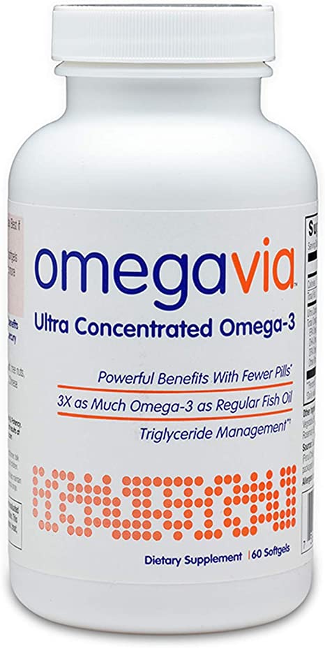 OmegaVia Ultra Concentrated Omega-3 Fish Oil, 60 Burp-Free Pills, High Potency – 1105 mg Omega-3 Oil per Pill, 3X More Omegas Than Regular Fish Oil, Triglyceride Form, High EPA Formula w/ DHA & DPA.