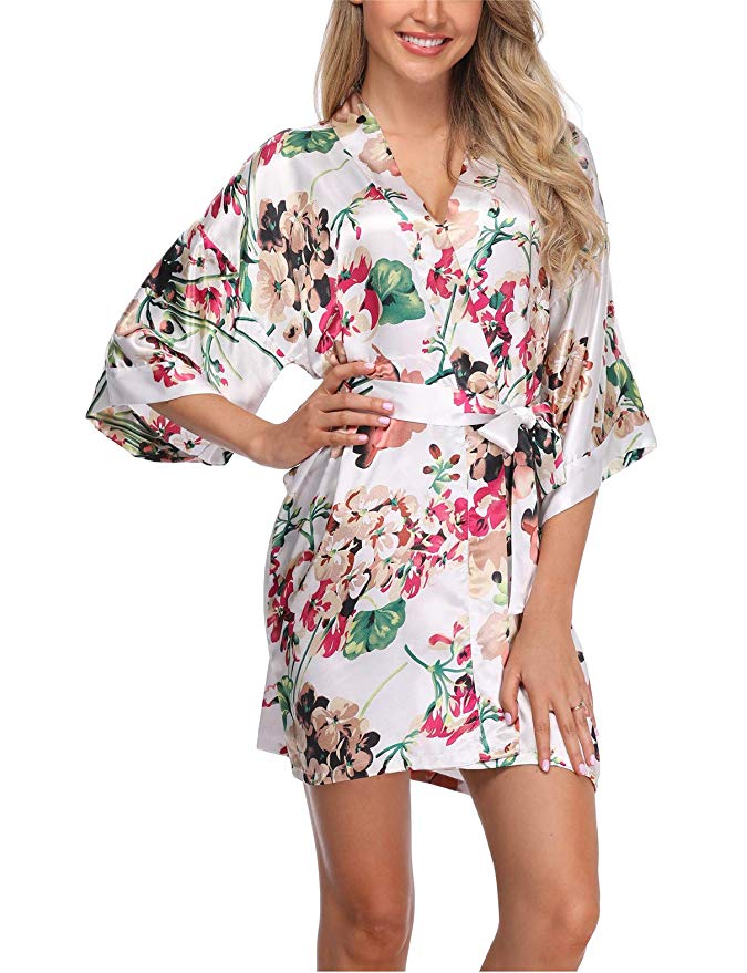 Super Shopping-zone Women's Floral Satin Kimono Robes Short Bridesmaid Robes for Wedding Party