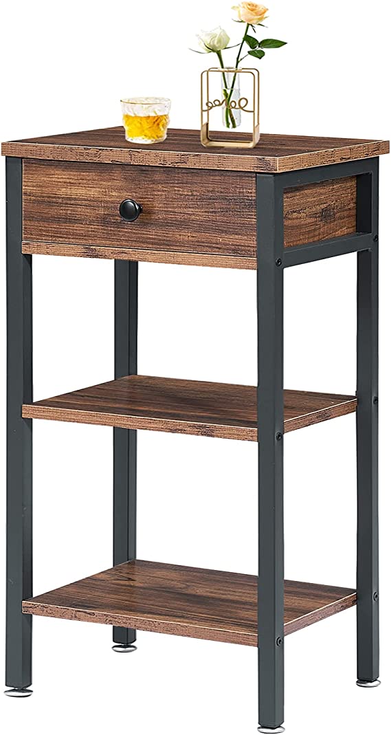 VECELO Modern End Side Table,Tall Nightstands with 3-Layer Storage Shelf for Small Spaces, Living Room, Farmhouse Easy Assembly, Brown