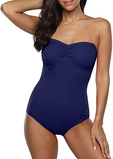 Hilor Women's One Piece Swimsuits Bandeau Bathing Suits with Front Drawstring