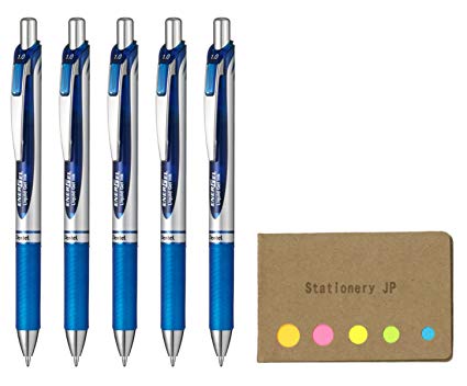 Pentel Energel Retractable Liquid Gel Ink Pen, Bold Point 1.0mm Metal Tip, Blue Ink, Silver Body, 5-Pack, Sticky Notes Value Set