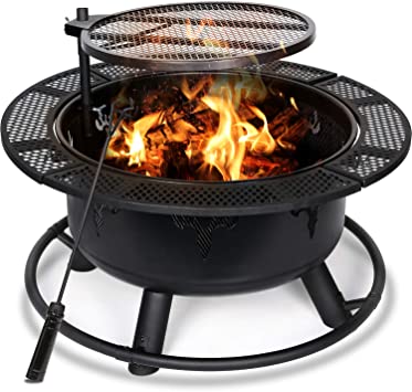 Hykolity Fire Pit with Cooking Grate, 32-inch Outdoor Wood Burning Steel BBQ Grill Firepit Bowl with Spark Screen Cover Log Grate Fire Poker for Backyard Bonfire Patio