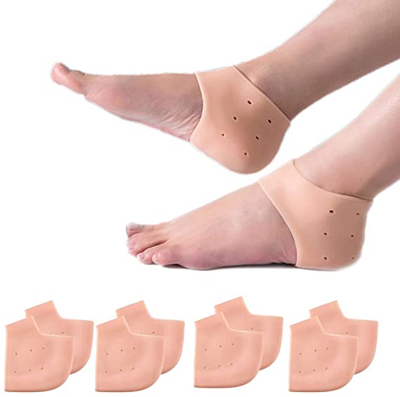 4 Pairs Silicone Heel Cups, Plantar Fasciitis Inserts, Breathable Heel Socks Protectors for Dry Cracked Heel and Reduce Pains of Plantar Fasciitis for Men and Women