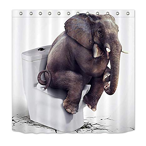 LB Elephant Shower Curtain Funny Indian Elephant Sitting on Toilet Design Kids Animal Shower Curtains for Bathroom 72x72 Inch Waterproof Fabric Bathroom Decor with Hooks
