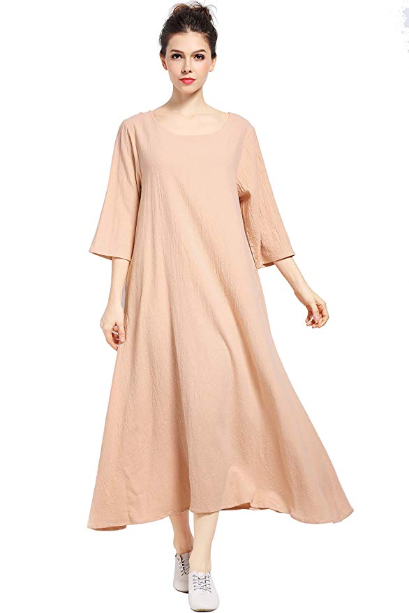 Anysize Three Quarter Sleeve Linen&Cotton Plus Size Spring Summer Dress F140A