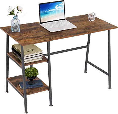 VECELO Writing Computer Study Desk with 2 Tier Storage Shelves on Left or Right,Industrial Simple Style Wood Table Metal Frame for Home Office, 43 in x 20 in x 30 in, Rustic Brown