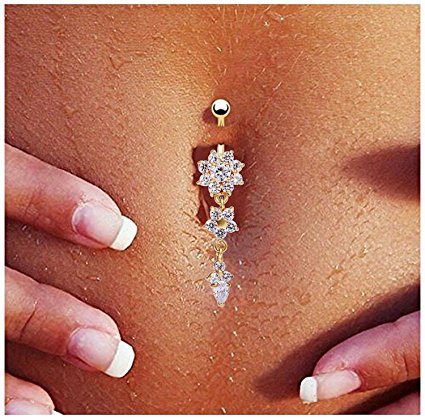 Crazypiercing Zircon Gold Plated Navel Belly Flower Dangle Belly Ring Body Piercing Jewellery