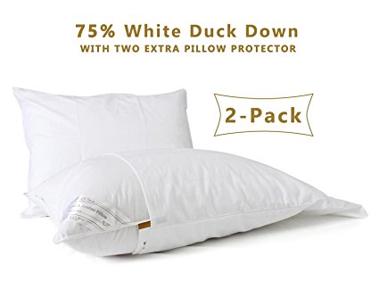 600 Fill Power 75% White Duck Down & Feather Luxury Pillow,Includes Two Free Pillow Protectors, with 1-year Warranty. Premium Hotel Quality by The Duck And Goose Co - Queen Two Pack