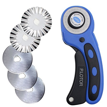 Rotary Cutter 45mm, P.LOTOR Comfort Handle Quilting Tools with 5 Replacement Pinking Rotary Blades