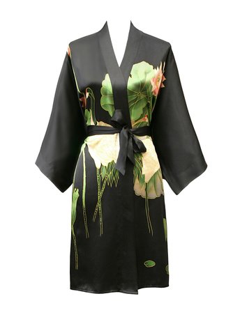 Old Shanghai Women's Silk Kimono Short Robe - Handpainted