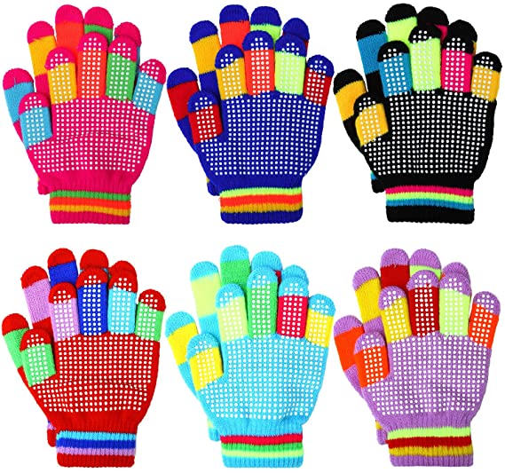 Coobey 6 Pairs Children Warm Stretch Gloves Winter Knitted Stripe Magic Gloves for Boys or Girls