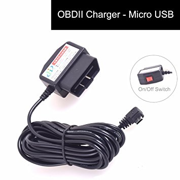 Cocar OBDII Charging Cable Micro USB Power Adapter with Switch Button - 16Pin OBD2 Connector Direct Charger for Gps DVR Camcorder Tablet E-dog Phone(HTC Samsung Huawei Blackberry) - 11.5FT 12-24V