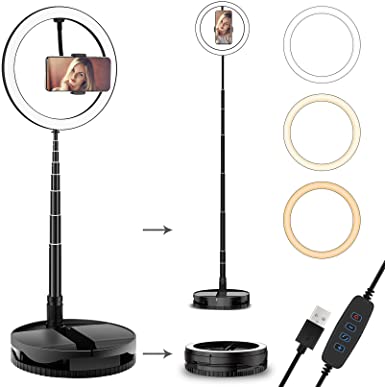 Portable Ring Light with Stand and Phone Holder, Foldable Circle Light with 10 inch Light Ring, 3 Color Modes and 10 Brightness, USB Powered Ring Lights for Live Streaming, Makeup, Selfie Photos