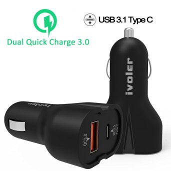iVoler 36W 2 Ports Car Charger [QC 3.0 Port   Type C Port with QC 3.0 Tech] for Samsung Galaxy Note 7, S7/S7 Edge/S6/Edge/ ,Nexus 6P/5X,LG G5 and More -Dual Turbo Rapid Ports Both Support QC 3.0