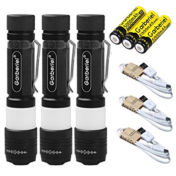 HeCloud 3 SETS USB 3 Modes LED 18650 Flashlight Torch USB Rechargeable with 18650 Battery and USB Cable