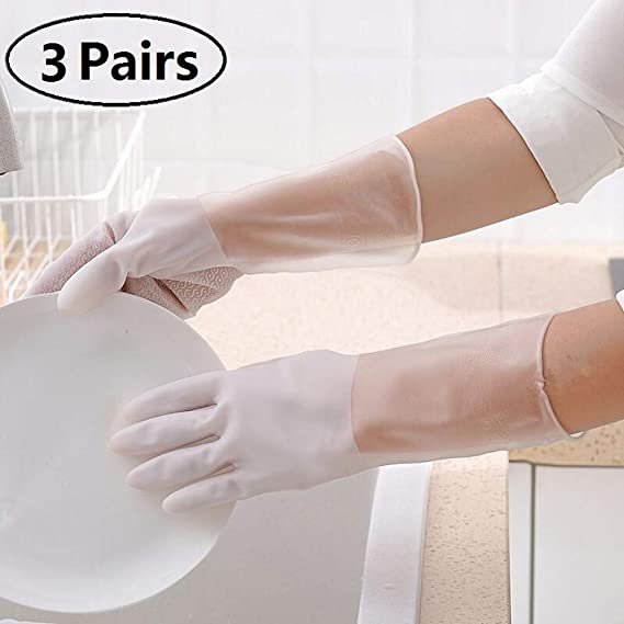 Rubber Gloves for Kitchen Cleaning Gloves, Durable Household PVC Gloves for Dishwashing Waterproof and Latex-Free (3 Pairs) (L)