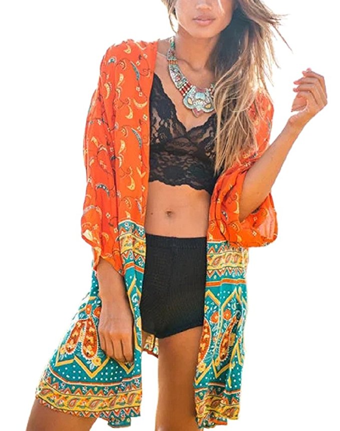 Floral Seasons Women's Summer Long Floral Printed Kimono Cardigan Beach Cover Up