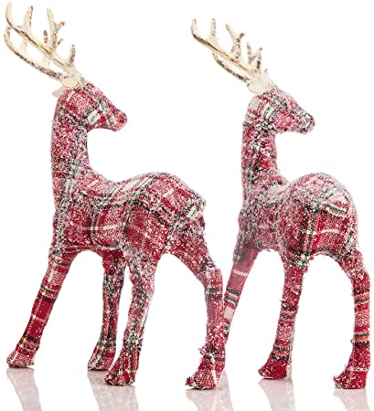 ARCCI Plaid Reindeer Decorations Christmas Standing Deer Figurines, 9" x 12" Reindeer Figure for Table top Shelf Office Desk Holiday Decor - Pack of 2