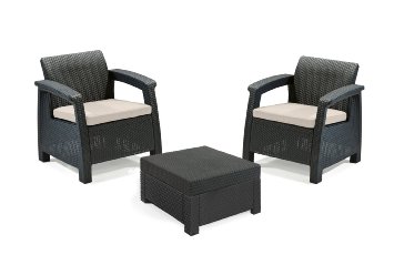Keter Graphite Corfu Outdoor Garden Furniture Set (2 Armchair and Table) with Cream Cushions