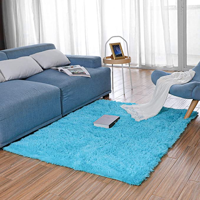 BAYKA Machine Washable Fluffy Area Rug Indoor Ultra Soft Shag Area Rug for Bedroom, Non-Slip Floor Carpet for Kids Home Decor Nursery Rug 4x5.3 Feet Sea Blue