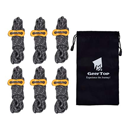 Geertop 6 Pack 4mm Reflective Tent Guide Rope Lightweight Guy Line Cord with Aluminum Adjuster Guyline Tent Cord Tensioner for Camping Hiking Backpacking - Essential Camp Accessories 13 Feet