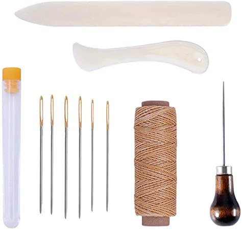 11 Pieces Bookbinding Kit Starter Tools Set Bone Folder Paper Creaser, Waxed Thread, Awl, Large-Eye Needles for DIY Bookbinding Crafts and Sewing Supplies