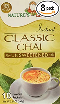 Nature's Guru Instant Classic Chai Tea Drink Mix, Unsweetened, 10 Count Single Serve On-the-Go Drink Packets (Pack of 8)
