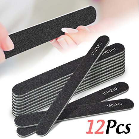 12 PCS Nail File Set, Double Side Different Grit Grades Emery Board Nail Buffering Set, Grit Cosmetic Manicure Pedicure Nail Tool Kit, Home Professional Use, Black